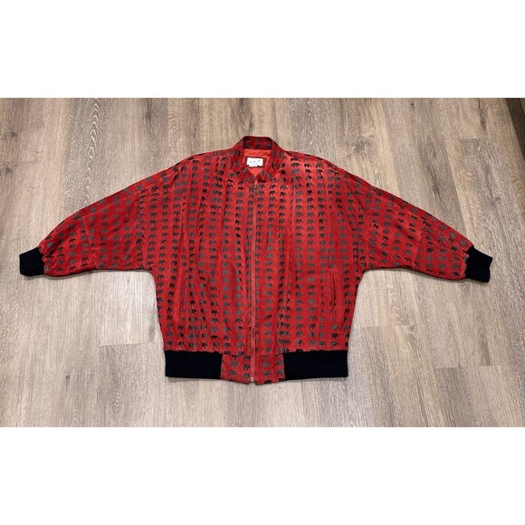 Vintage Suede Leather Jacket Womens Medium Red Elephant Print Oversized Bomber - Picture 9 of 16